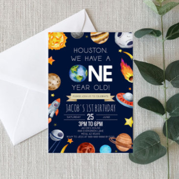 houston we have a one year old 1st birthday party invitation