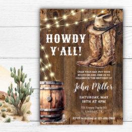 Small Howdy Y'all Western Birthday Cowboy Boots And Hat Invitation Front View