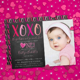 Small Hugs & Kisses Valentine's Day 1st Birthday Photo Invitation Front View