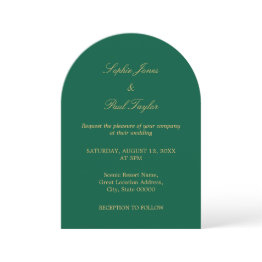 Small Hunter Green Golden Beige Arch Wedding Invitation Front View