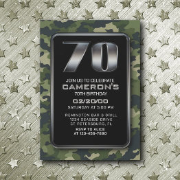 Small Hunting Camo Military 70th Birthday Invitation Front View