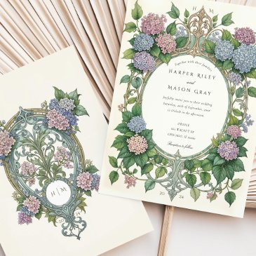 hydrangea art nouveau wedding invitation