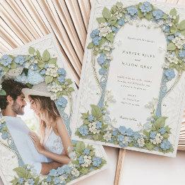 Small Hydrangeas Photo Art Nouveau Wedding Invitation Front View