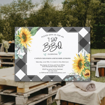 i do bbq sunflower buffalo plaid bridal shower invitation