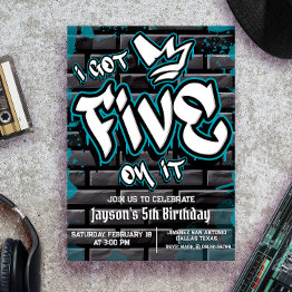 Small I Got Five On It - Boy 5th Birthday Invitation Front View