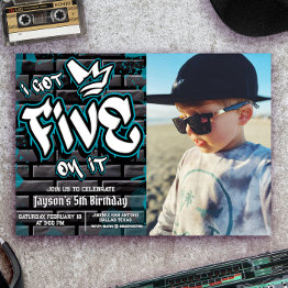 Small I Got Five On It - Boy 5th Birthday With Picture Invitation Front View