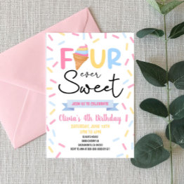 Small Ice Cream Four Ever Sweet 4th Birthday Party Invitation Front View