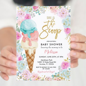 ice cream pastel flowers baby shower invitation