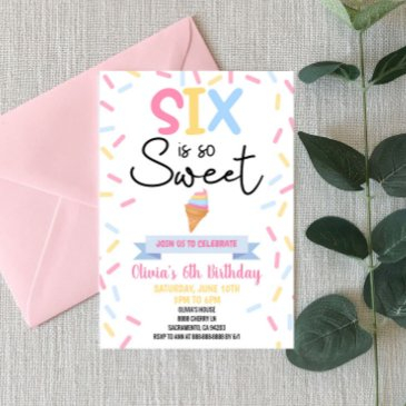 ice cream six is so sweet 6th sixth birthday party invitation
