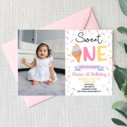 Small Ice Cream Sweet One Photo 1st First Birthday Party Invitation Front View