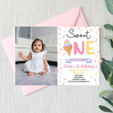 ice cream sweet one photo 1st first birthday party invitation