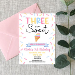 Small Ice Cream Three Is Sweet 3rd Third Birthday Party Invitation Front View