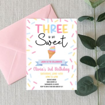 ice cream three is sweet 3rd third birthday party invitation