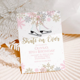 Small Ice Skating Pink Gold Glitter Snowflakes Birthday Invitation Front View