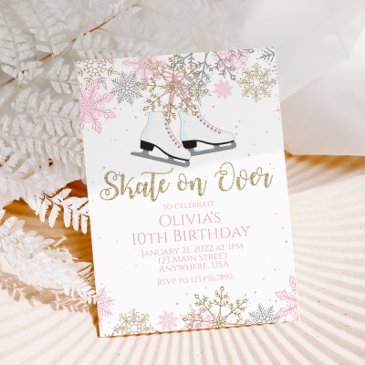 ice skating pink gold glitter snowflakes birthday invitation