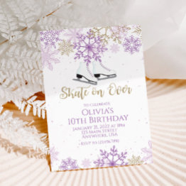 Small Ice Skating Purple And Gold Snowflakes Birthday Invitation Front View