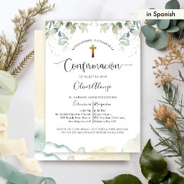 Small In Spanish, Elegant Confirmation With Greenery Invitation Front View
