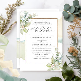 Small In Spanish, Elegant Greenery Wedding Invitation Front View