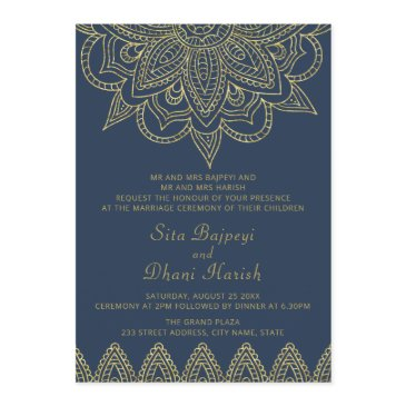 indian elegant navy gold mehndi hindu wedding invitation