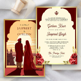 Small Indian Ethnic Red Anand Karaj Sikh Wedding Invitation Front View