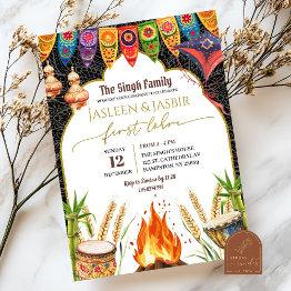 Small Indian First Lohri Wedding Bonfire Invitation Front View