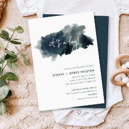 Small Indigo Ink Wash It's A Boy Baby Shower Invitation Front View