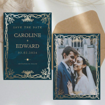 indigo medieval gold ivy wedding save the date