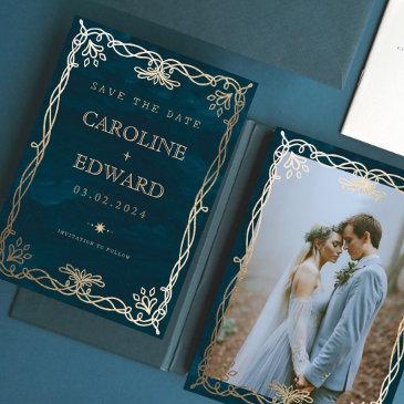 indigo ornament medieval gold ivy wedding save the date
