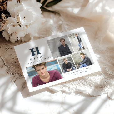 initial multi photo graduate invitation blue