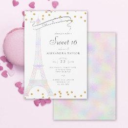 Small Iridescent Eiffel Tower Paris Gold Chic Sweet 16 Invitation Front View