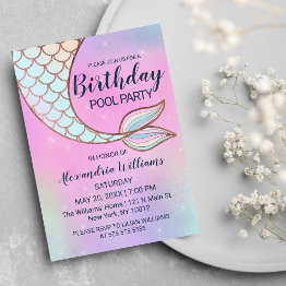 Small Iridescent Pink Teal Mermaid Tail Pool Birthday Invitation Postinvitations Front View