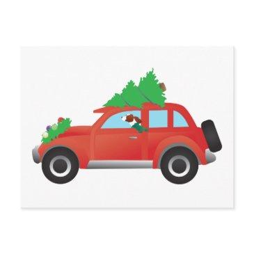irish red and white dog driving a christmas car holiday postinvitations