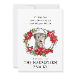 Small Irish Wolfhound Watercolor Poinsettia Christmas Holiday Invitations Front View