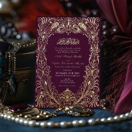Small Islamic Purple Plum Wedding Ottoman Turkish Foil Invitation Front View