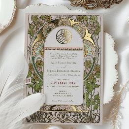 Small Islamic Sage Green Wedding Art Nouveau Mucha Foil Invitation Front View