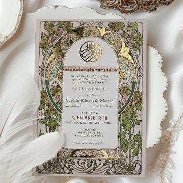 islamic sage green wedding art nouveau mucha foil invitation