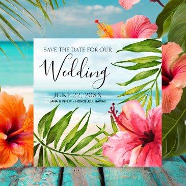 island paradise | palms and hibiscus beach wedding save the date
