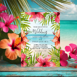 Small Island Paradise Tropical Palm & Hibiscus Wedding Invitation Front View