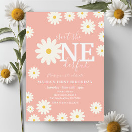 Small Isn't She Onederful Peach Daisy First Birthday Invitation Front View