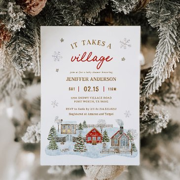 it takes a village snowy winter baby shower invitation