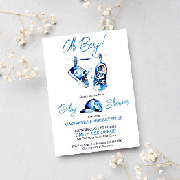 Small It's A Boy Blue Baby Shoes A Cap Simple Modern Invitation Front View
