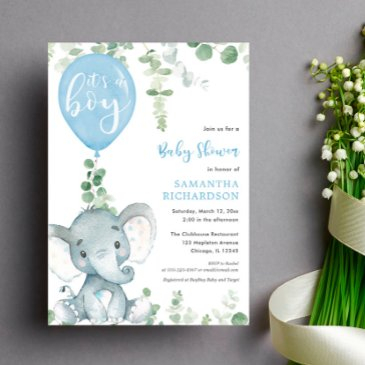 it's a boy blue balloon cute elephant baby shower invitation