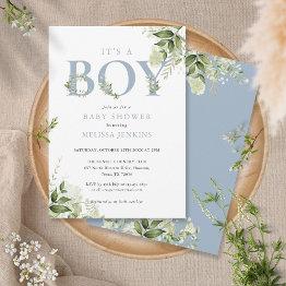Small Its A Boy Dusty Blue Greenery Letter Baby Shower Invitation Front View