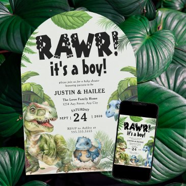 it's a boy editable dinosaur baby shower invitation