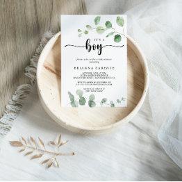 Small It's A Boy Green Delight Eucalyptus Baby Shower Invitation Front View