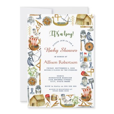 it's a boy watercolor vikings party baby shower invitation