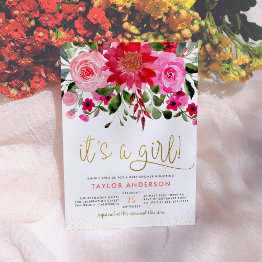 Small It's A Girl! Blush Pink & Red Floral Baby Shower Invitation Front View