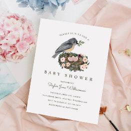 Small It's A Girl Floral Bird's Nest Baby Shower Invitation Front View