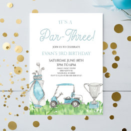Small It's A Par-three! Blue Golf 3rd Birthday Party Invitation Front View