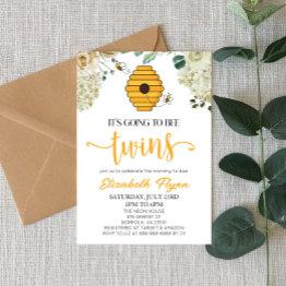 Small It's Going To Bee Twins Bumble Bee Baby Shower Invitation Front View